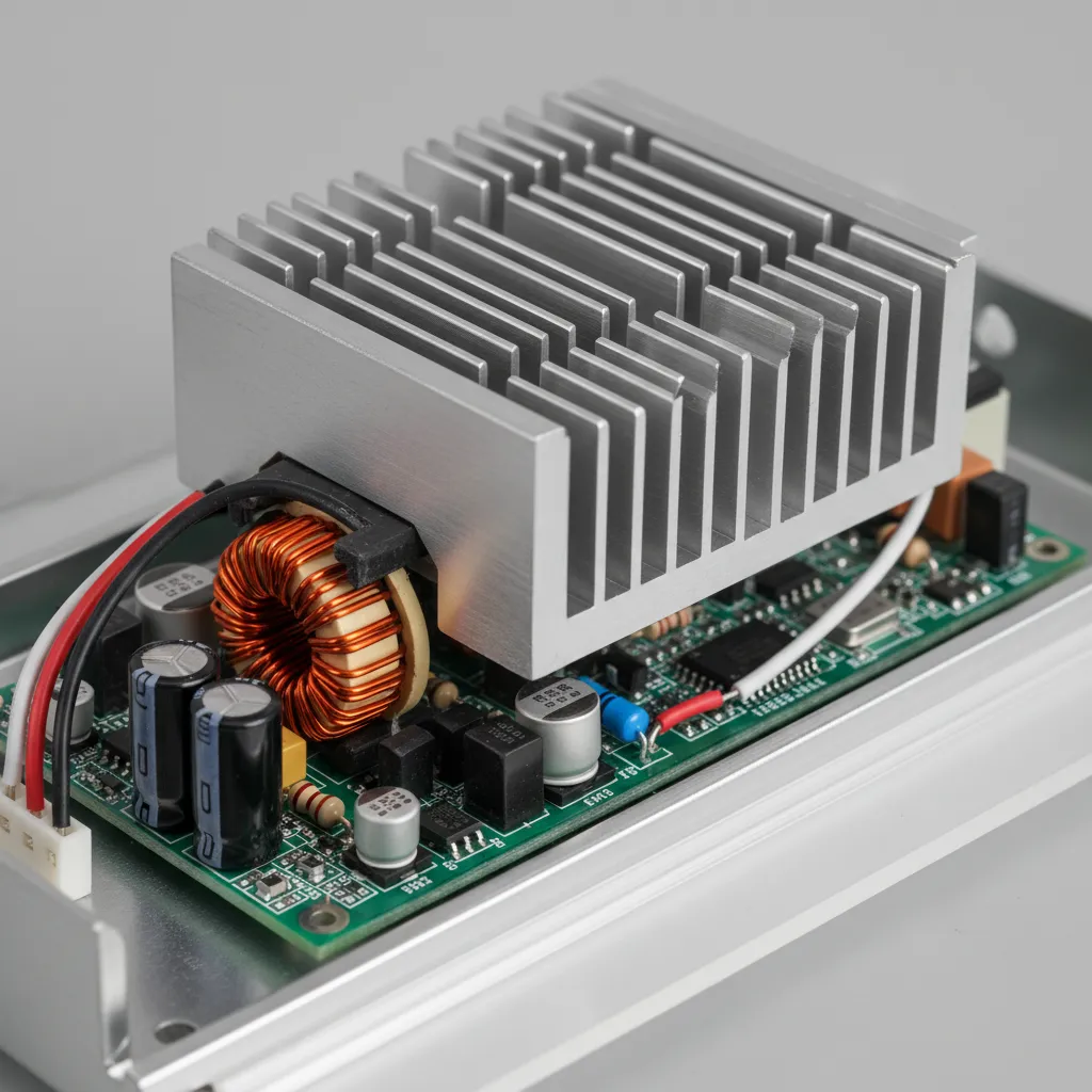 Close up of LED driver and aluminum heat sink inside lighting fixture