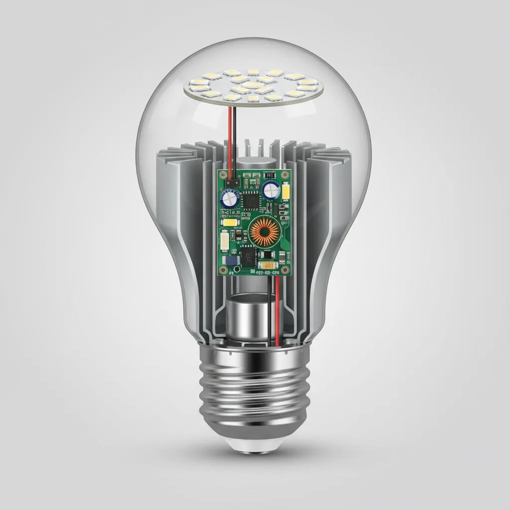 Simplified visual showing LED bulb driver components and power flow