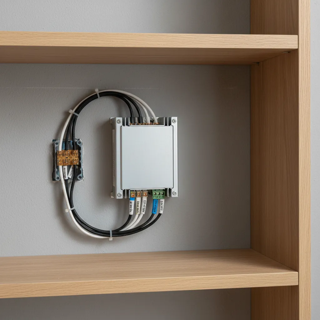 Silver power box with black and white wires mounted on a wall inside wooden bookshelf