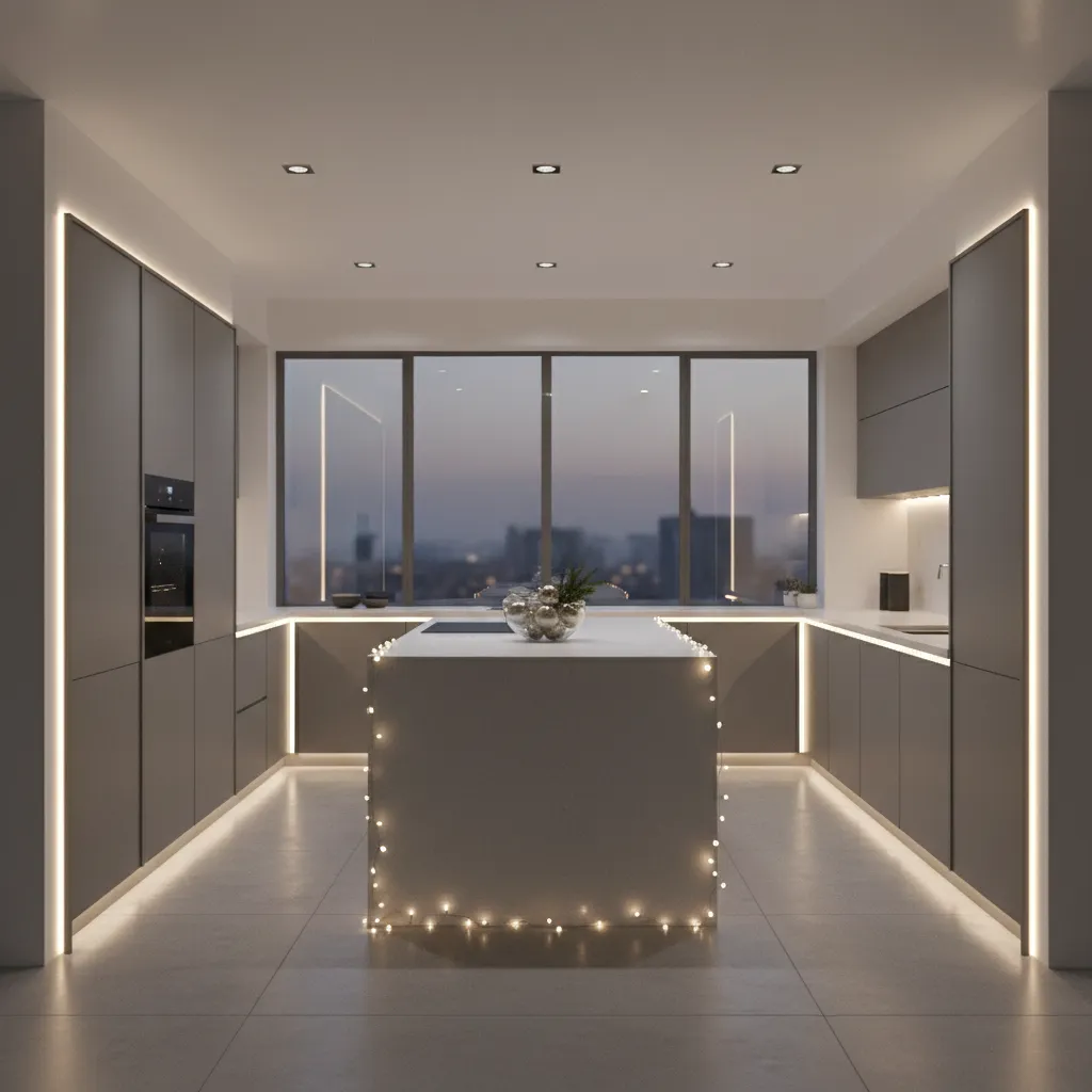 LED fairy lights installed along upper kitchen cabinets for holiday decor