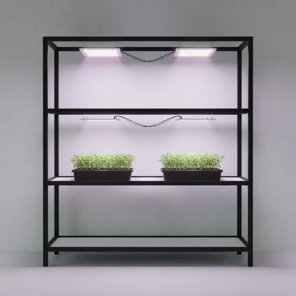 LED grow light panel hanging above seedling tray at proper distance