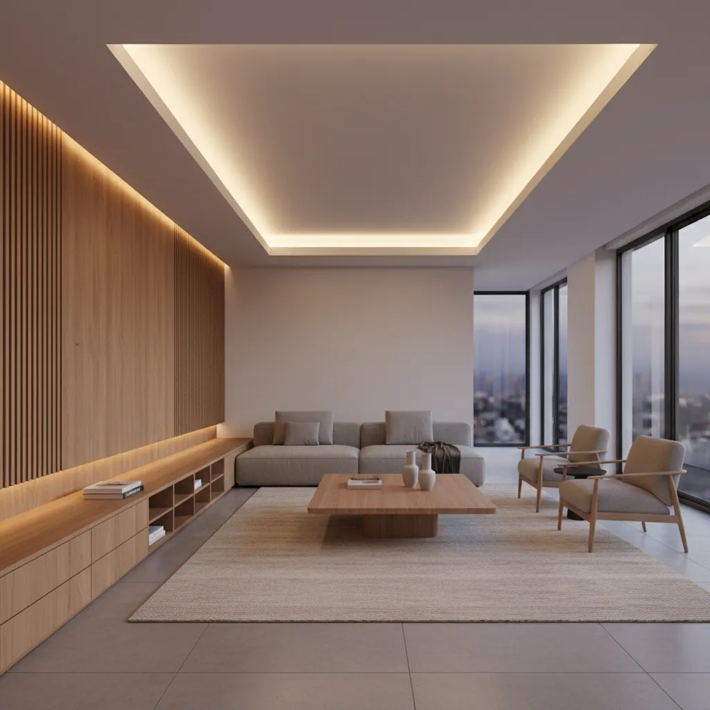 Minimalist living room featuring wood wall panel grey sofa large windows and warm hidden lights