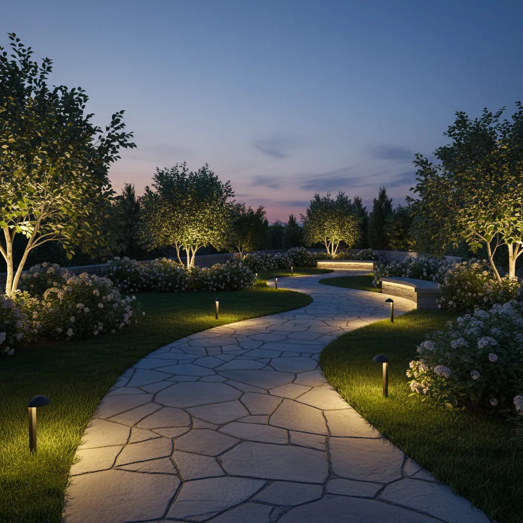 LED landscape lighting installation showing pathway lights and accent spotlights in garden