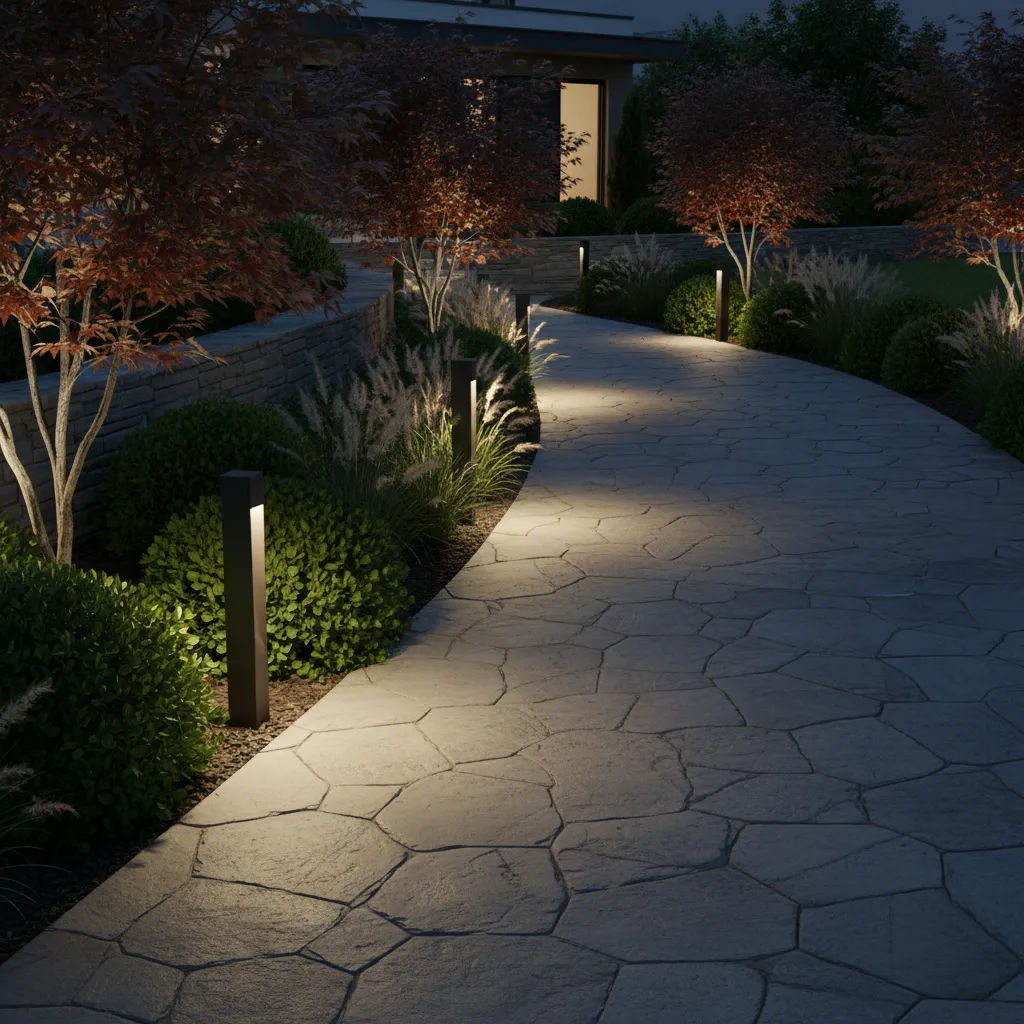 Modern garden pathway illuminated with low wattage LED landscape lights