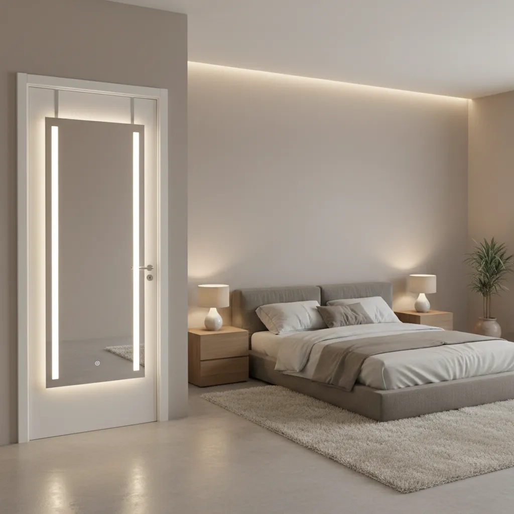 Over door mirror decorated with soft LED strip lighting on the sides