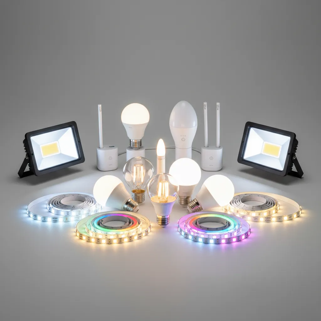 Different LED lighting types including bulbs strips and smart lights arranged on a table