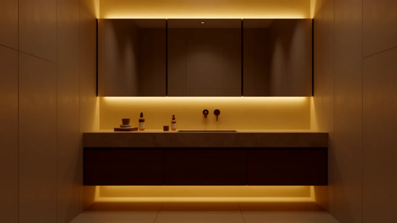 LED illuminated mirror cabinet above modern bathroom vanity