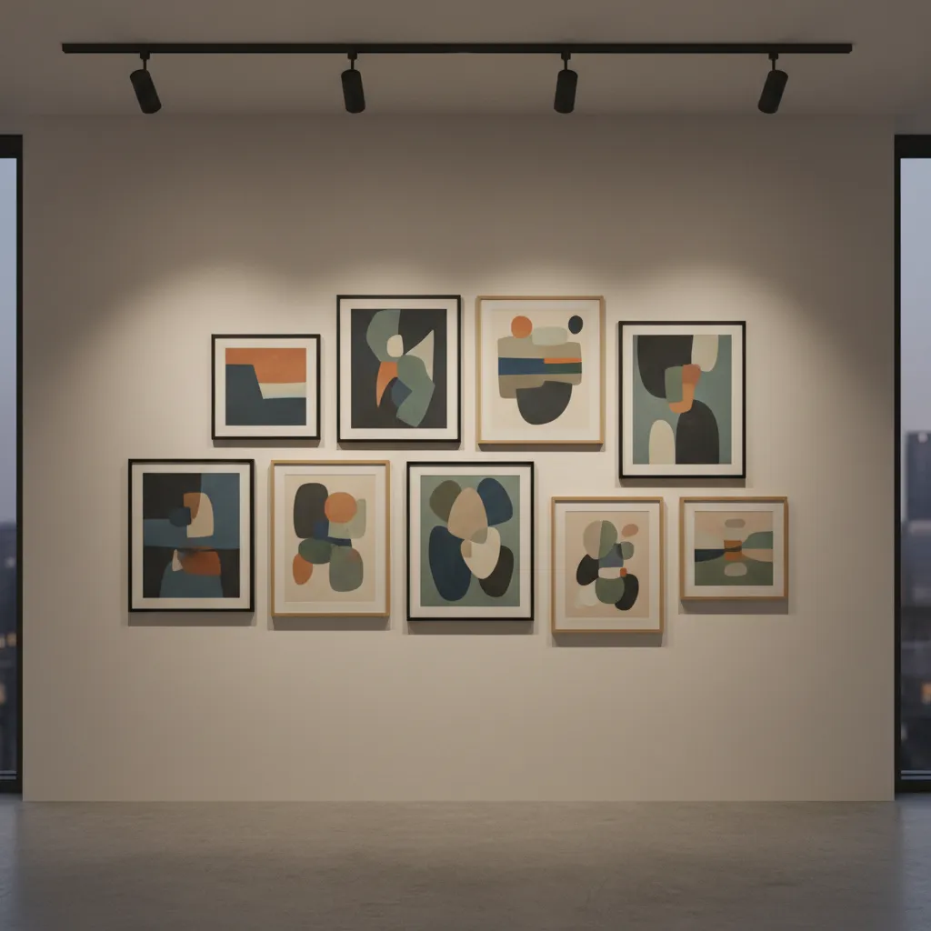 LED track lighting illuminating framed artwork in modern gallery wall