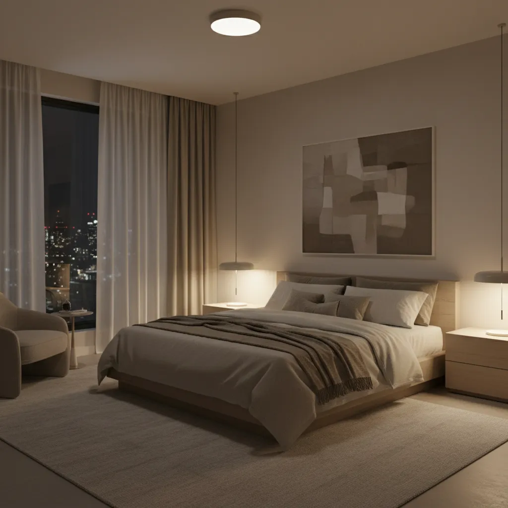 Warm LED lighting creating comfortable bedroom environment at night