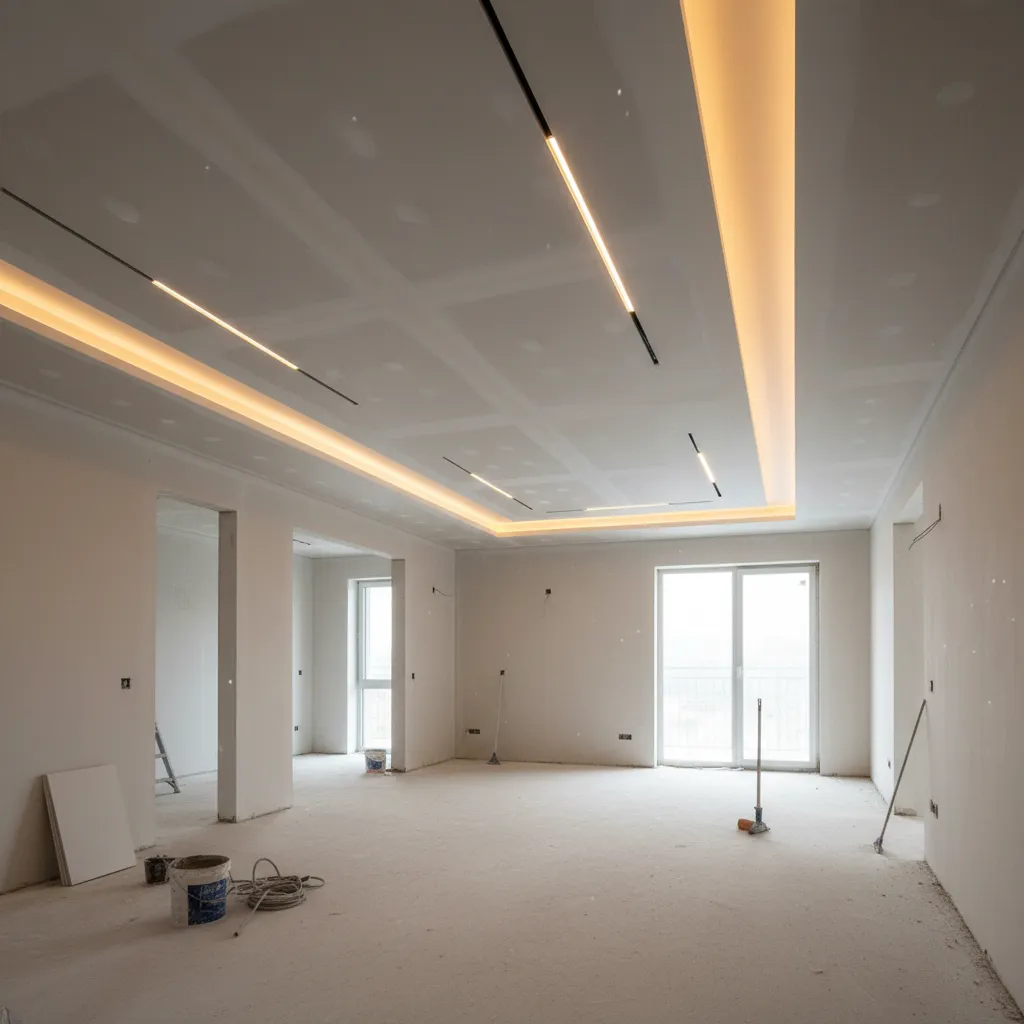 Empty room under construction showing installation of warm hidden ceiling lights and modern light fixtures