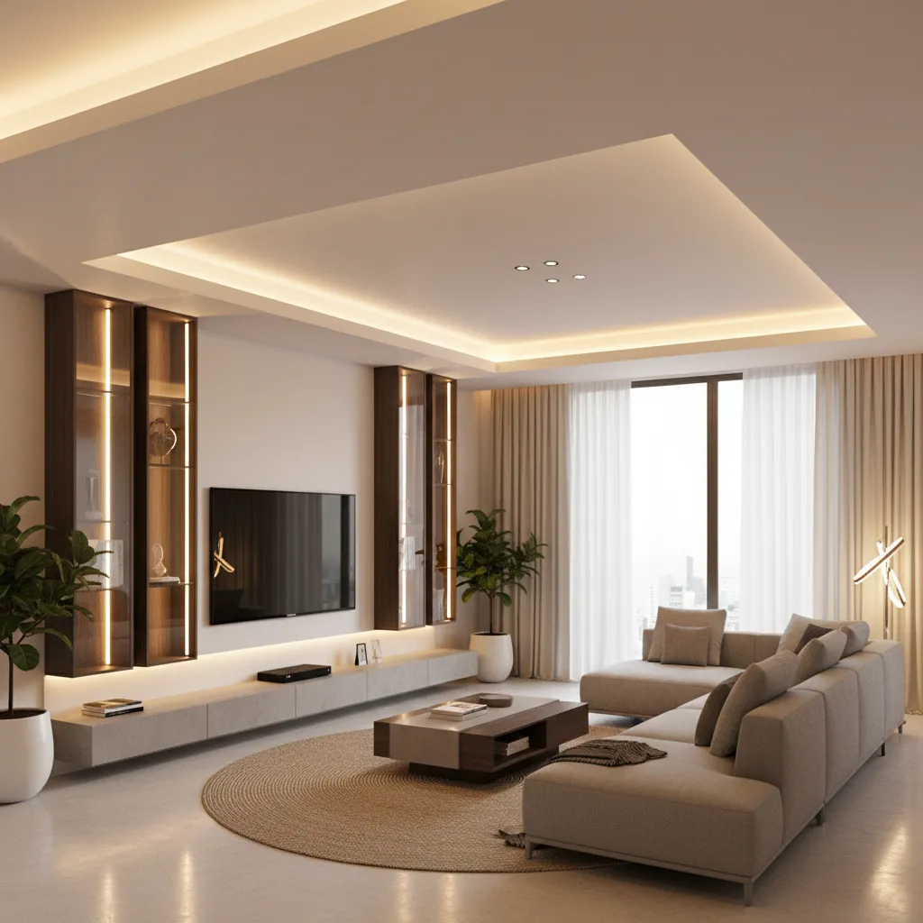 Sala moderna con iluminación LED indirecta en techo y estanterías