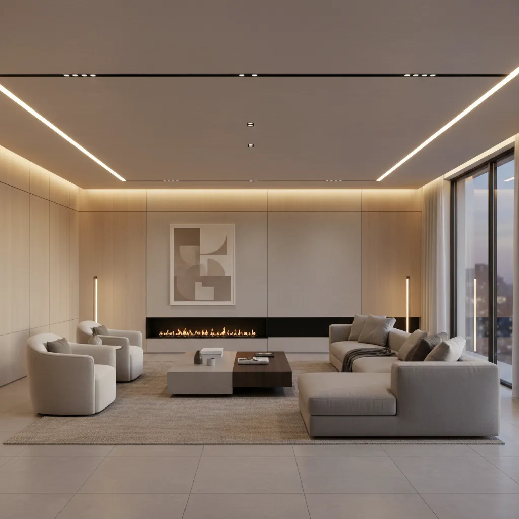 Modern living room with beige sofa, grey armchairs, fireplace, wall art and long ceiling lights