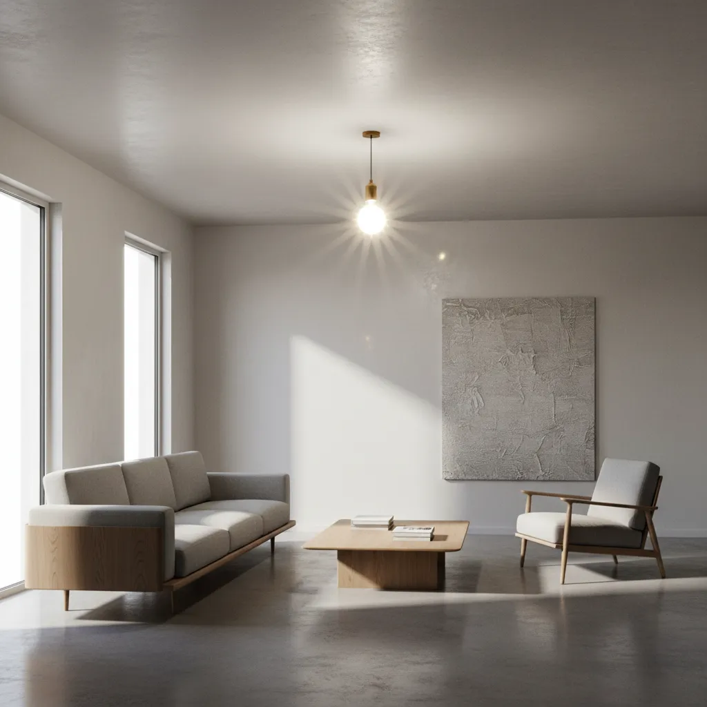 Living room showing bright exposed LED bulb creating glare