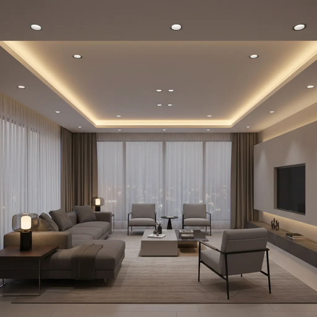 Modern home interior using layered LED lighting including ceiling lights and lamps