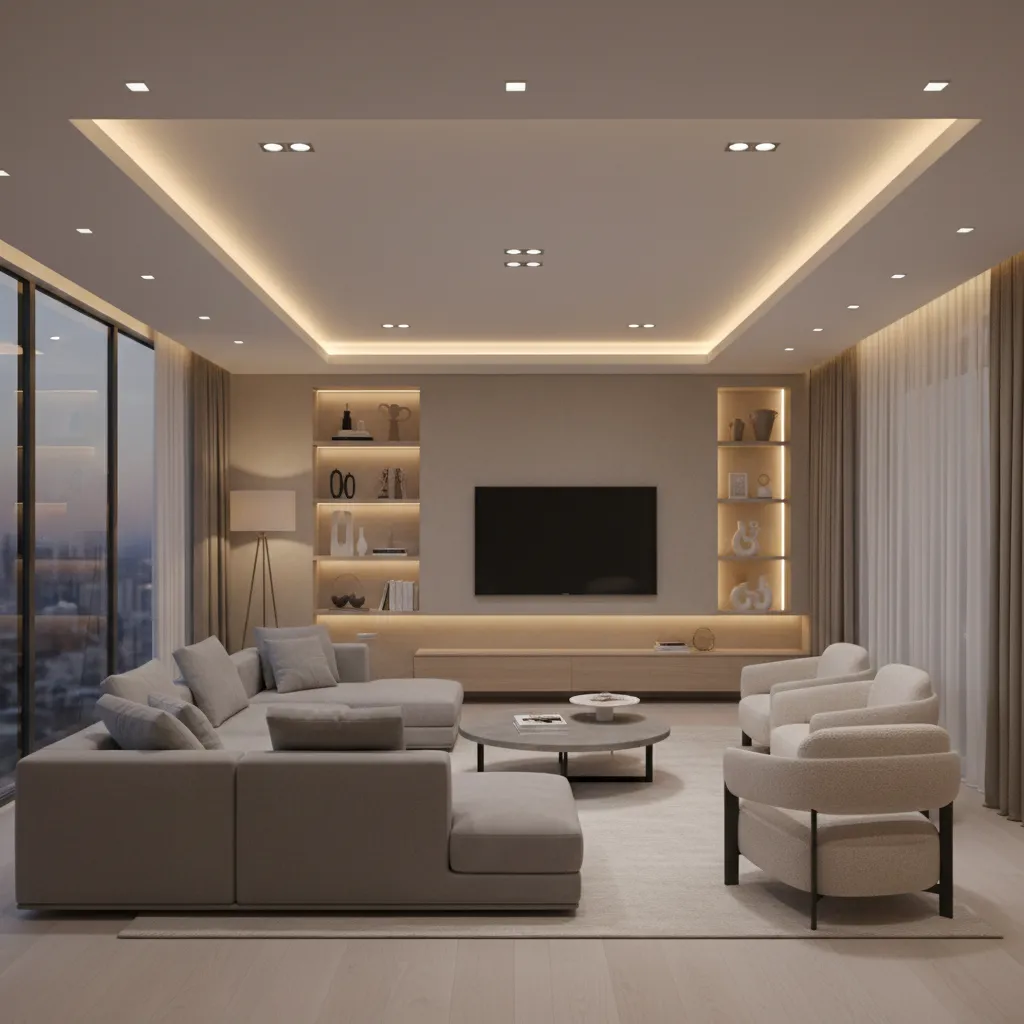 Modern living room with recessed LED lighting and warm indirect ceiling glow