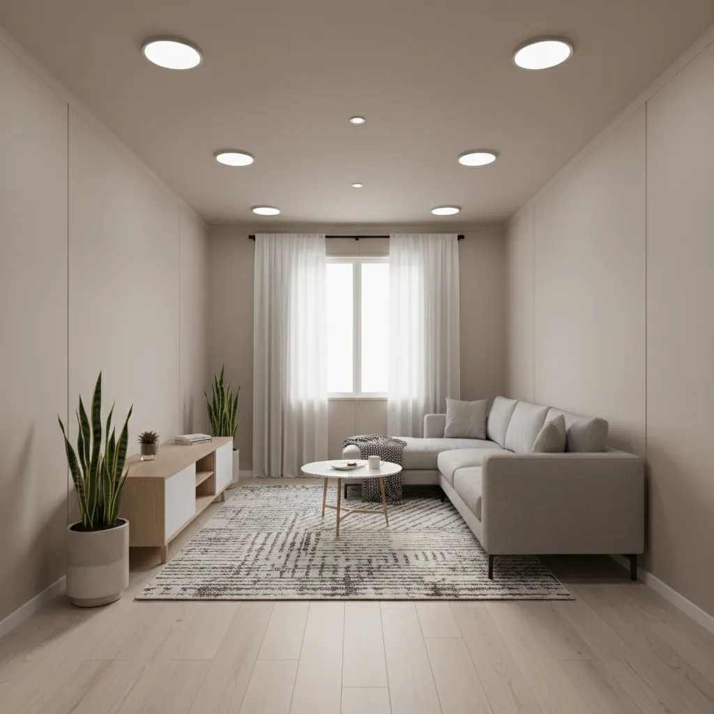 LED flush ceiling lighting in a narrow single wide mobile home living room