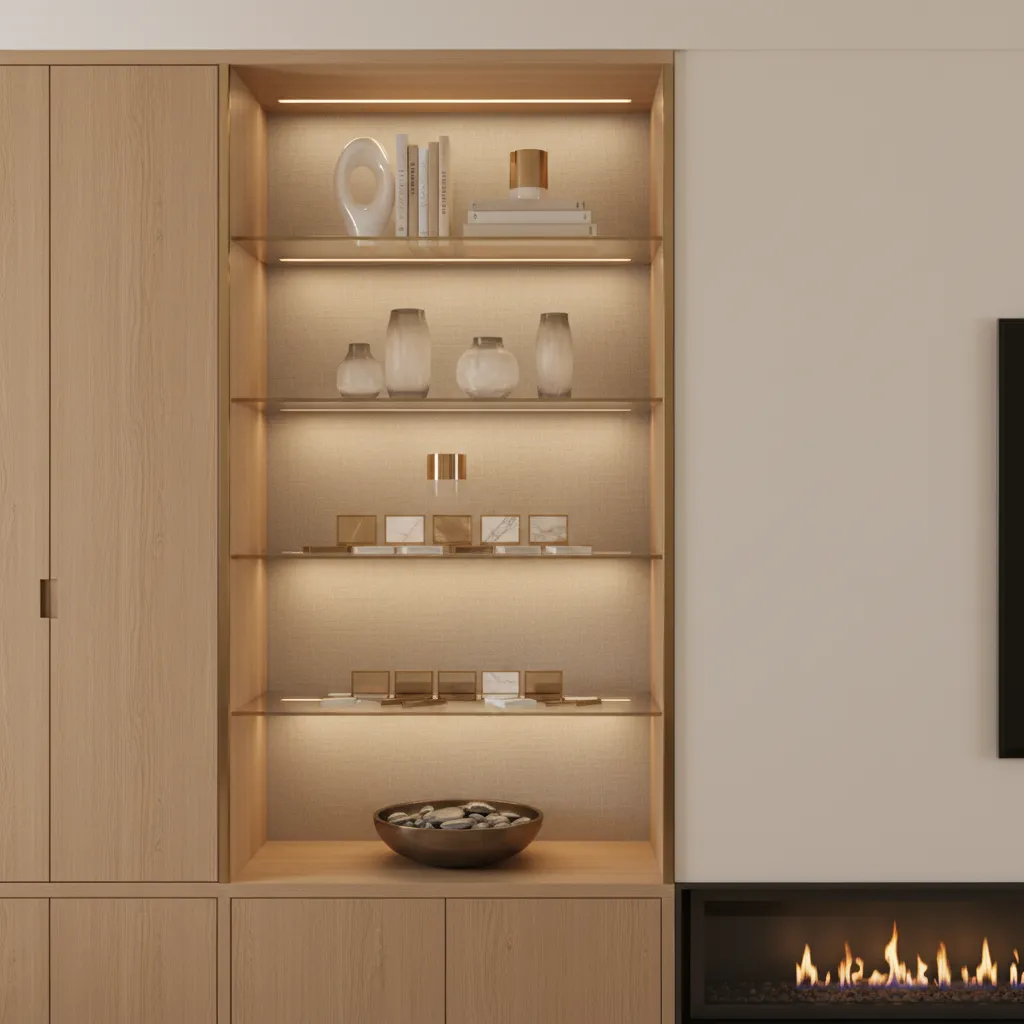 wall almirah showcase with integrated LED shelf lighting