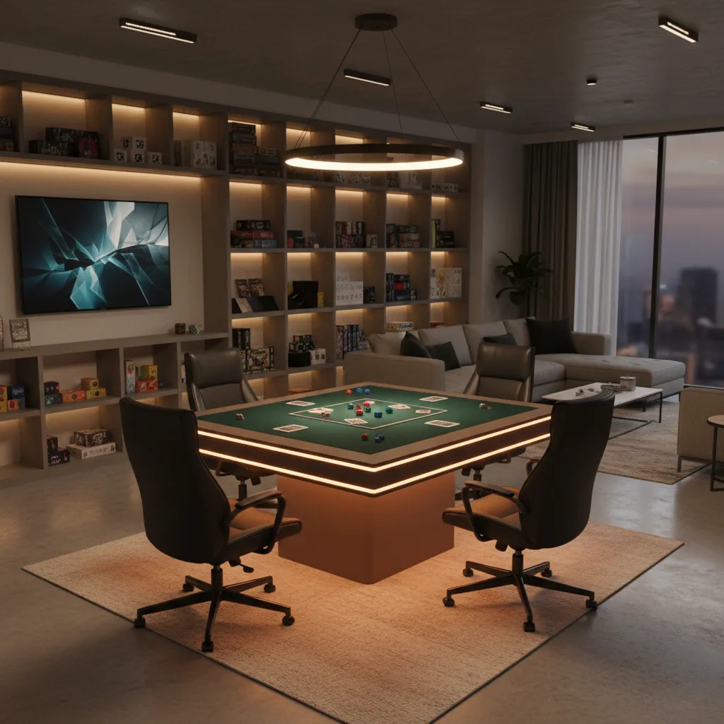 Board game table with LED edge lighting illuminating play surface