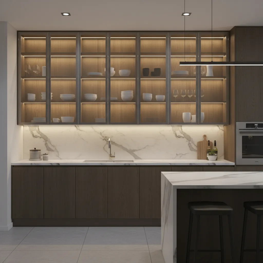 Kitchen cabinets with glass doors and integrated LED lighting