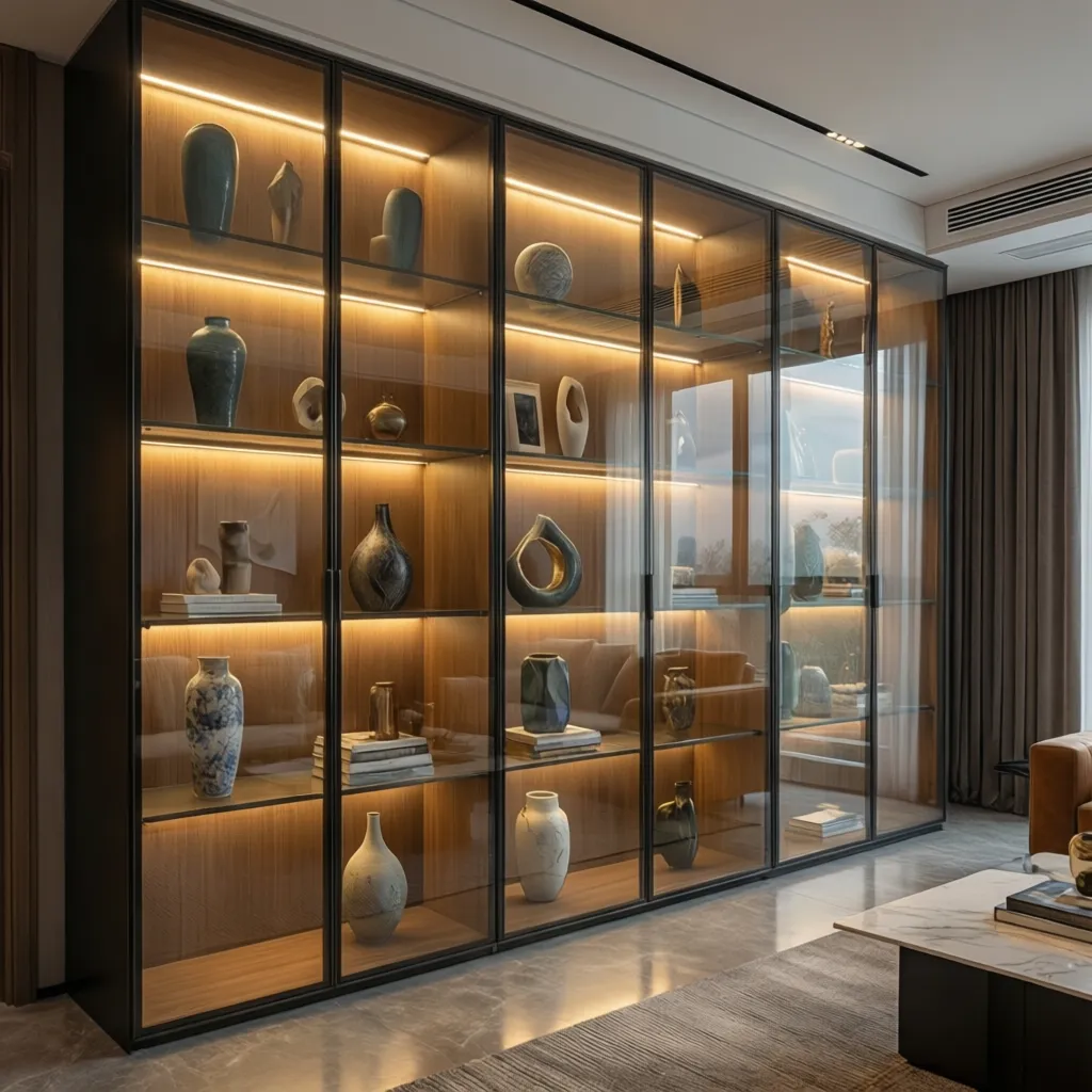 glass wall showcase cabinet with integrated warm LED lighting