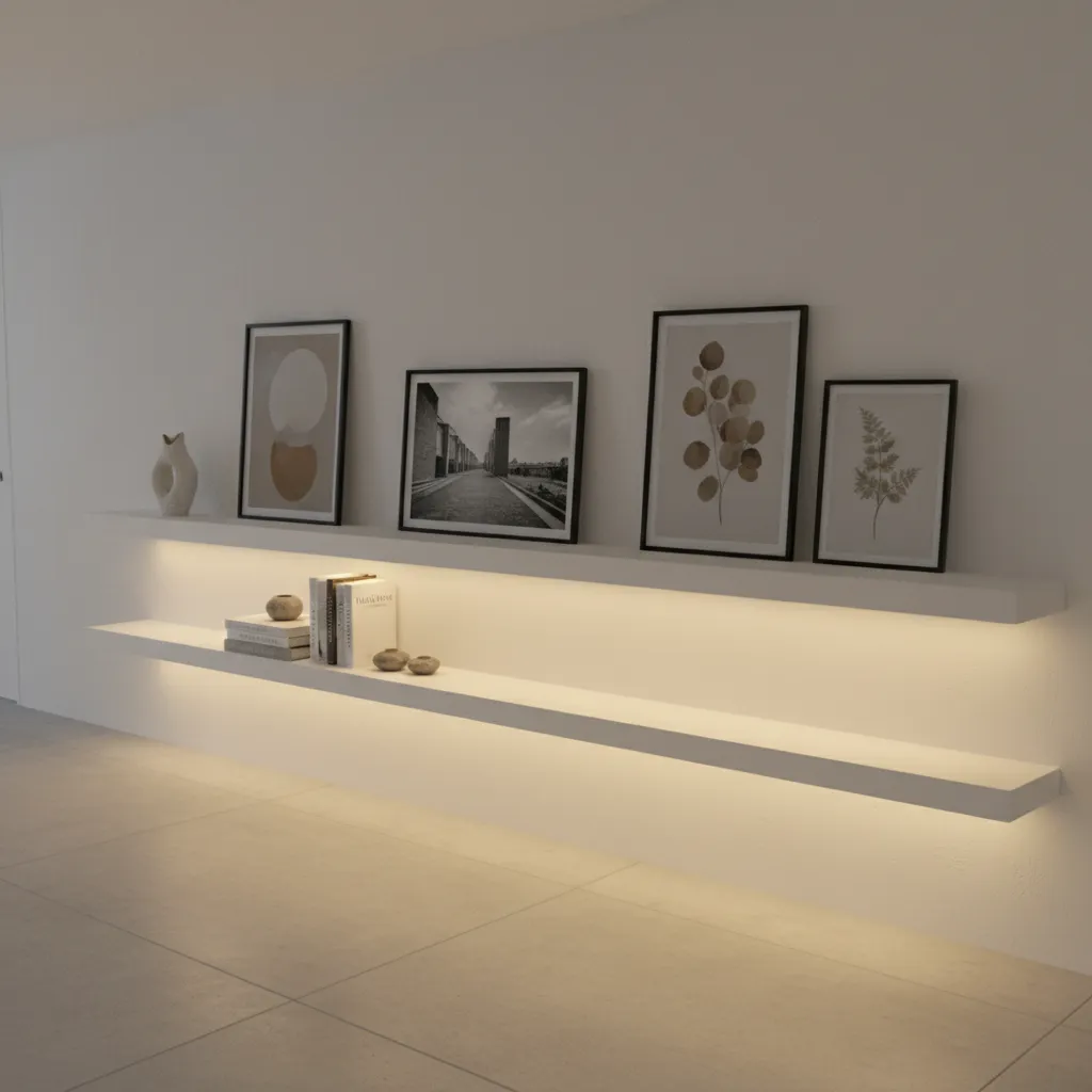 Hallway shelving with warm LED lighting highlighting decor