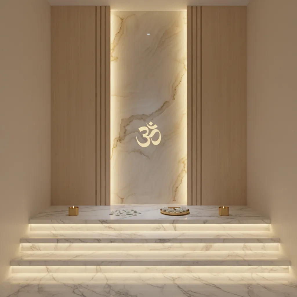 Marble pooja steps with warm LED lighting under the edges