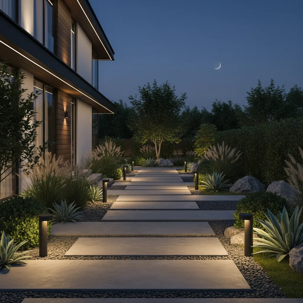 LED pathway lighting illuminating a residential walkway at night