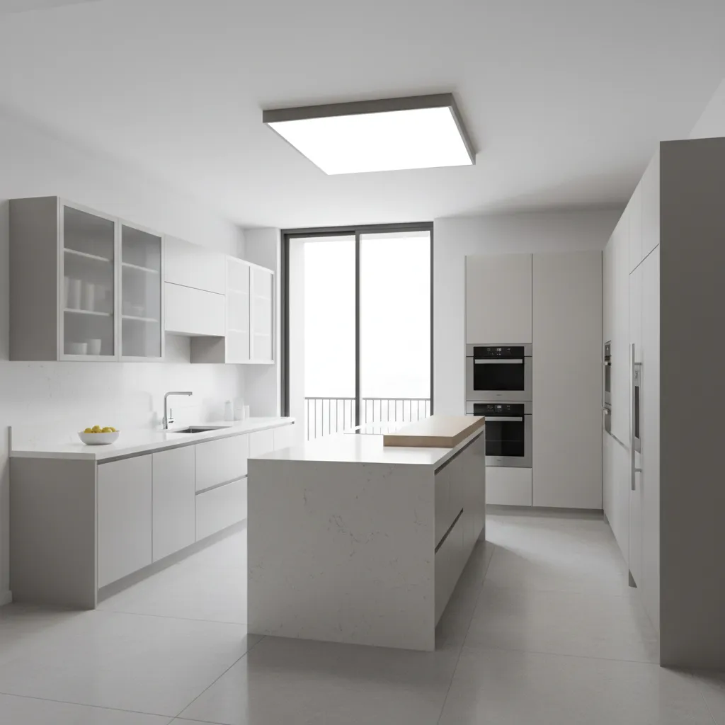 Large square LED panel ceiling light illuminating modern kitchen evenly