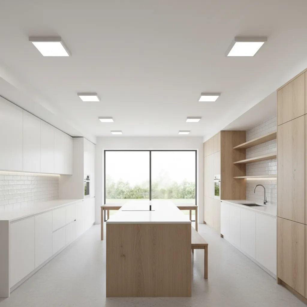 modern kitchen with flat LED panel ceiling lighting providing even illumination