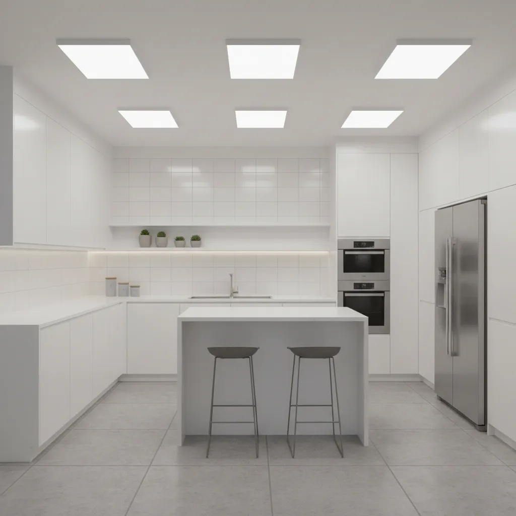 Modern LED flat panel ceiling light installed in kitchen