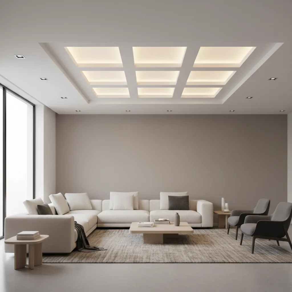 recessed LED panel lighting installed in modern living room ceiling
