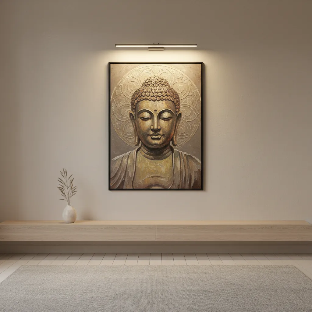 LED picture light mounted above Buddha canvas artwork