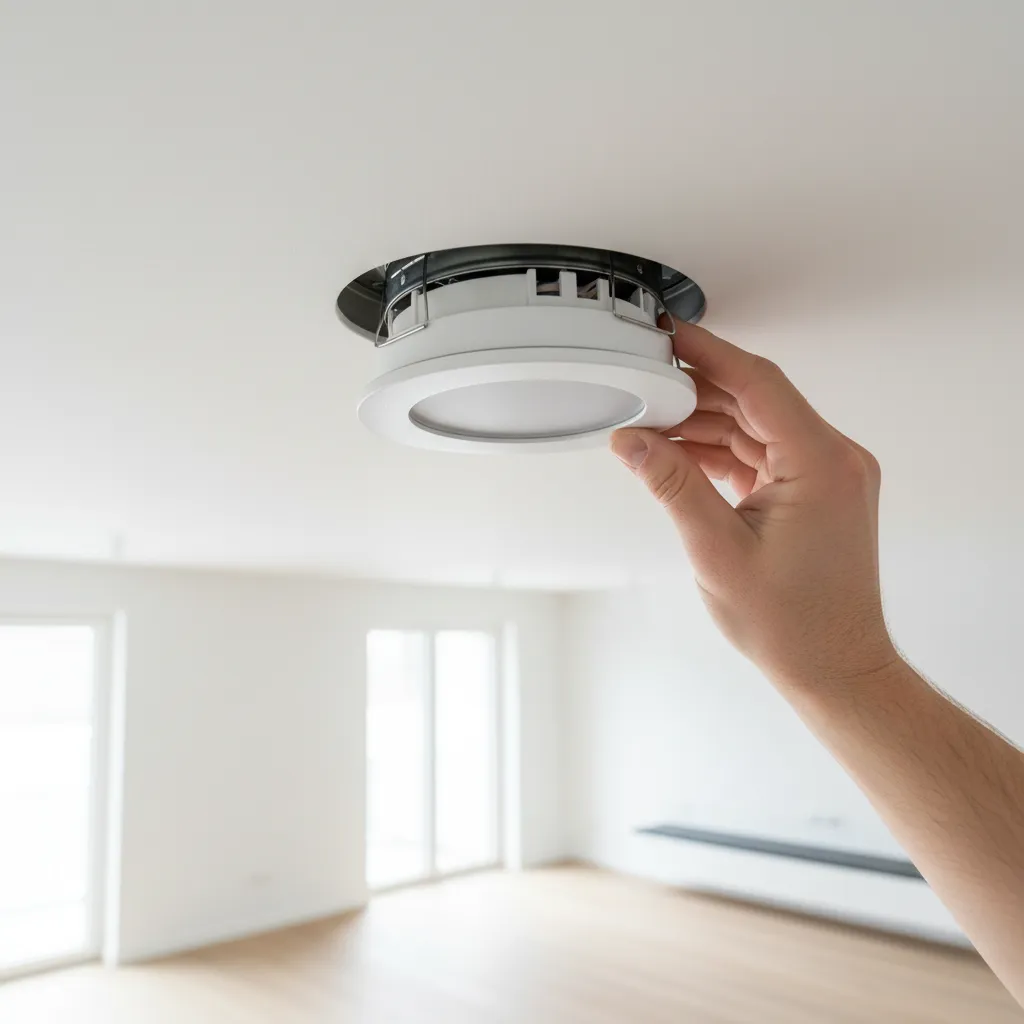 hand installing LED retrofit module into recessed ceiling light housing