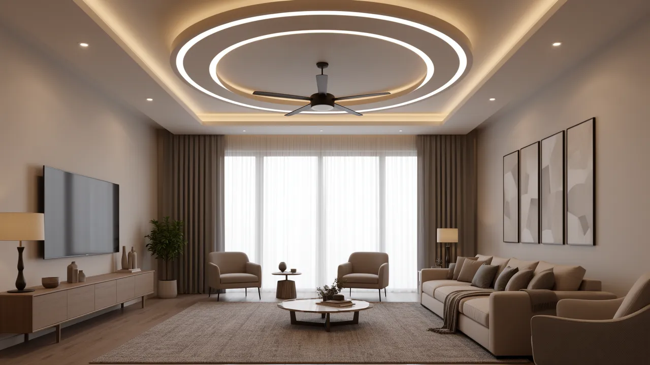 LED ring POP ceiling design highlighting a ceiling fan