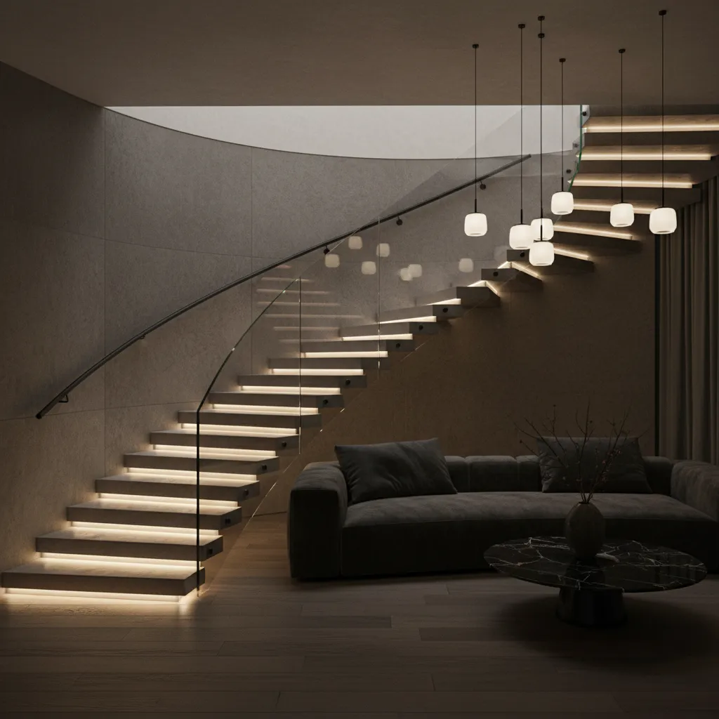 Escalera moderna con iluminación LED integrada en los peldaños