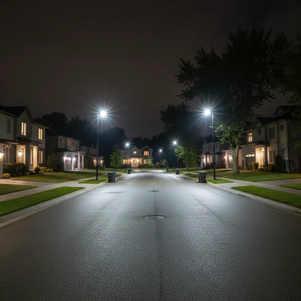 Bright LED streetlight producing glare on a residential street at night