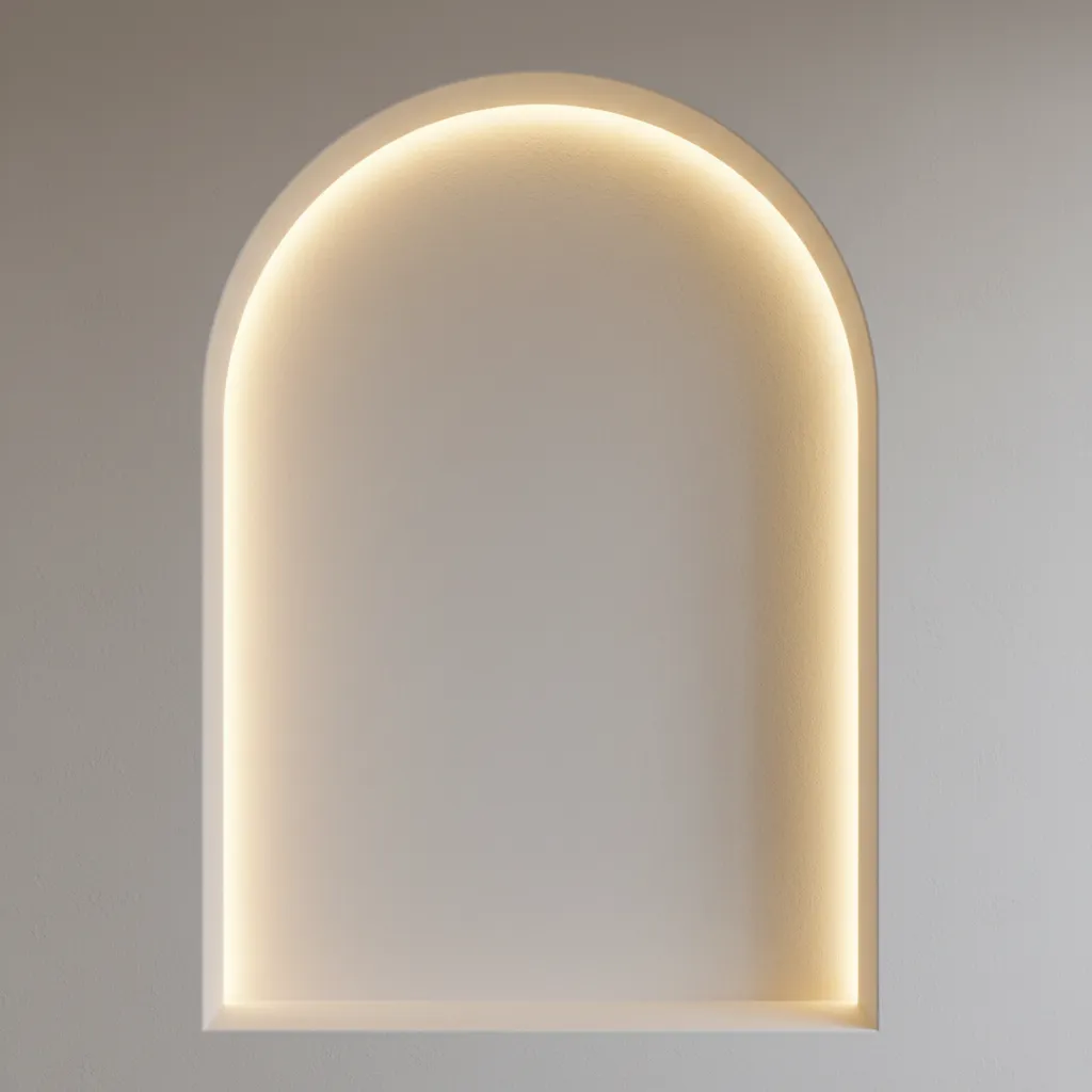 Hidden LED strip lighting following the curve of a half arch wall niche