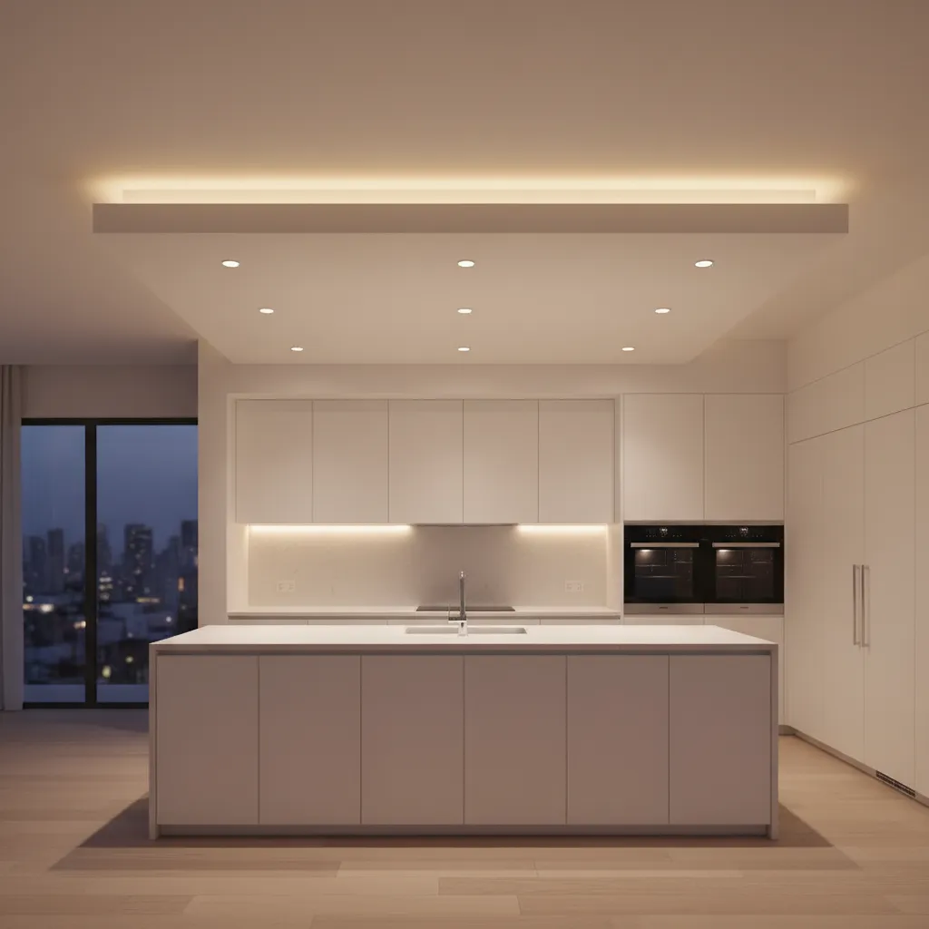 Kitchen bulkhead with concealed LED strip lighting along ceiling edge