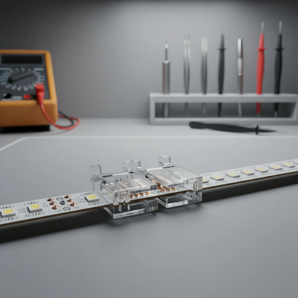 Close up of a clear plastic connector joining two LED light strips on a table