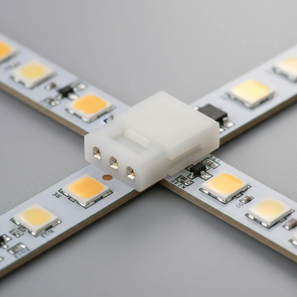 LED strip clip connector attaching two cut LED strips together