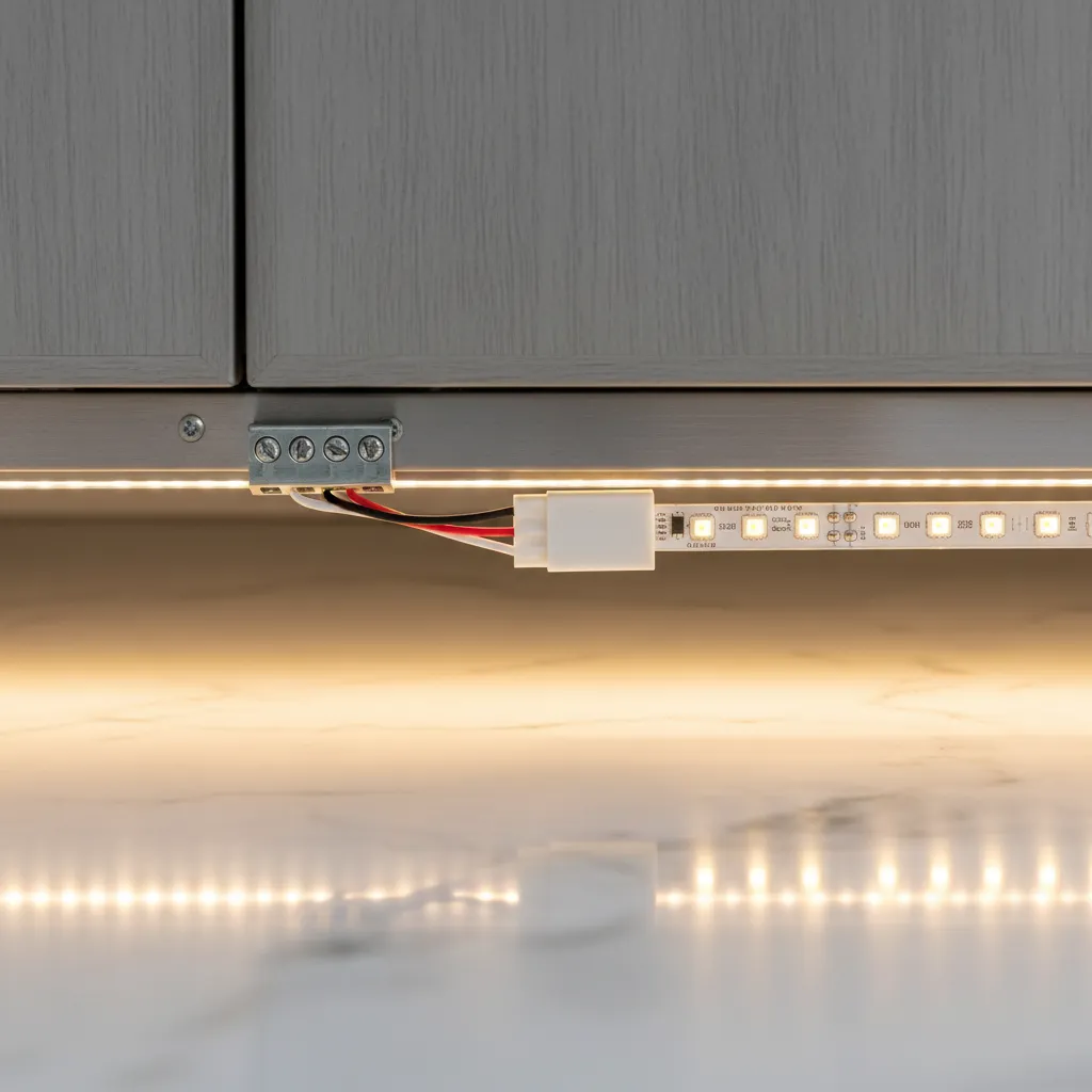 close-up of LED strip connector wiring and power connection
