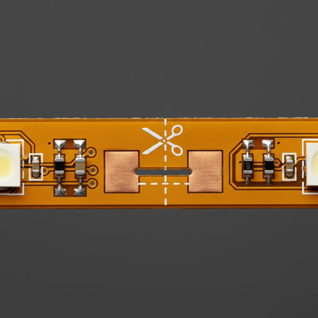 Close up of orange light strip showing a white scissor icon and copper contact pads
