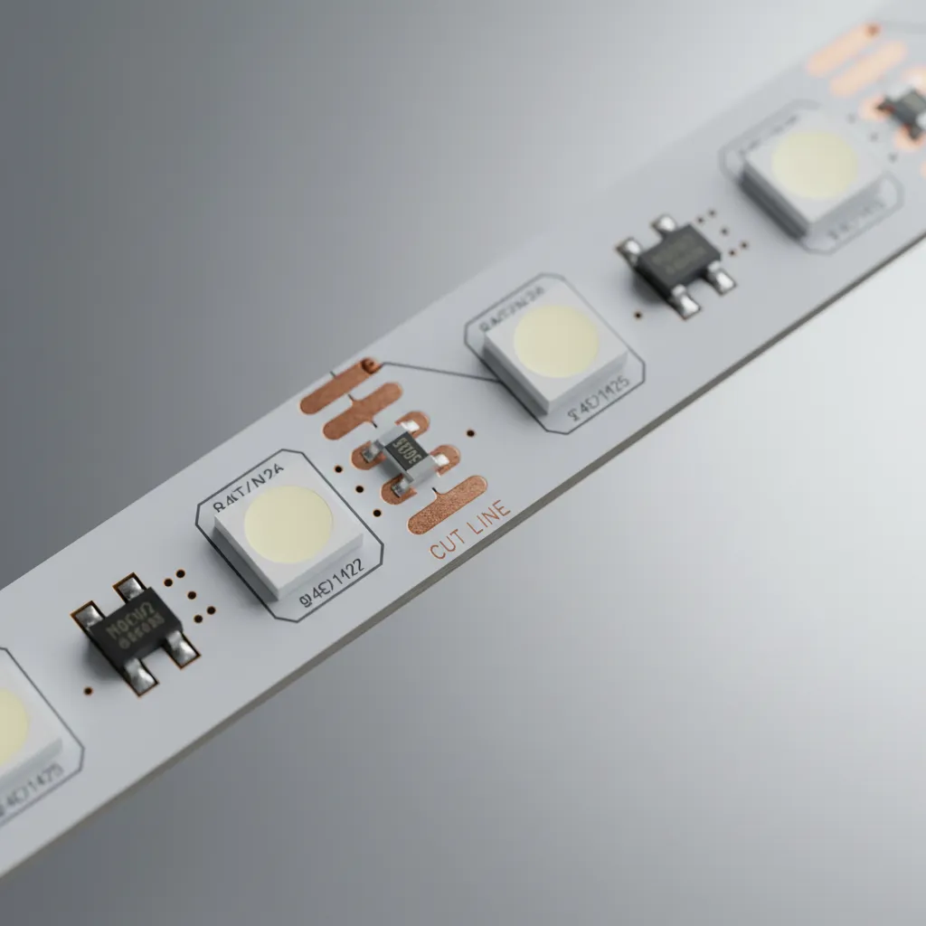 Close view of LED strip showing copper cut line markers