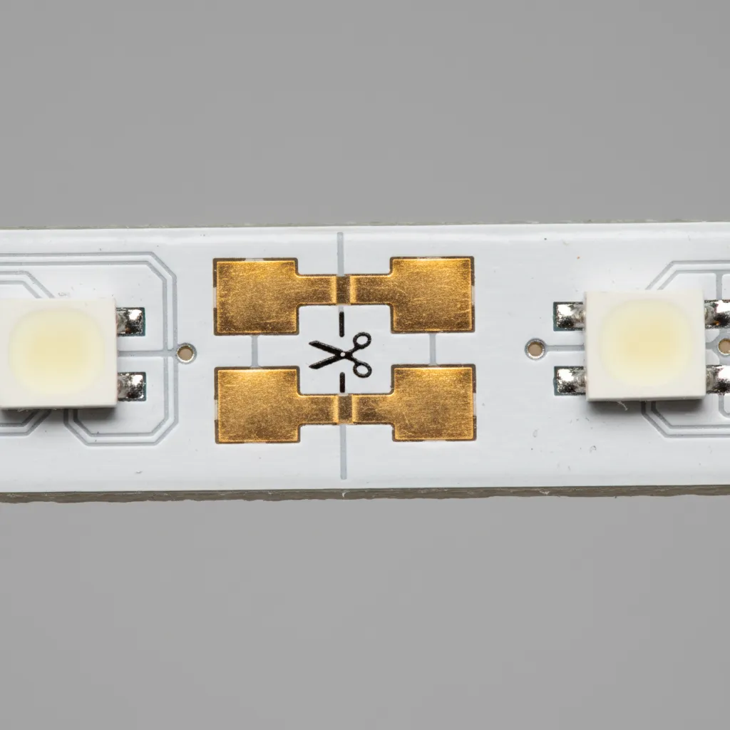 Close up of LED strip copper pad cut mark with scissors icon