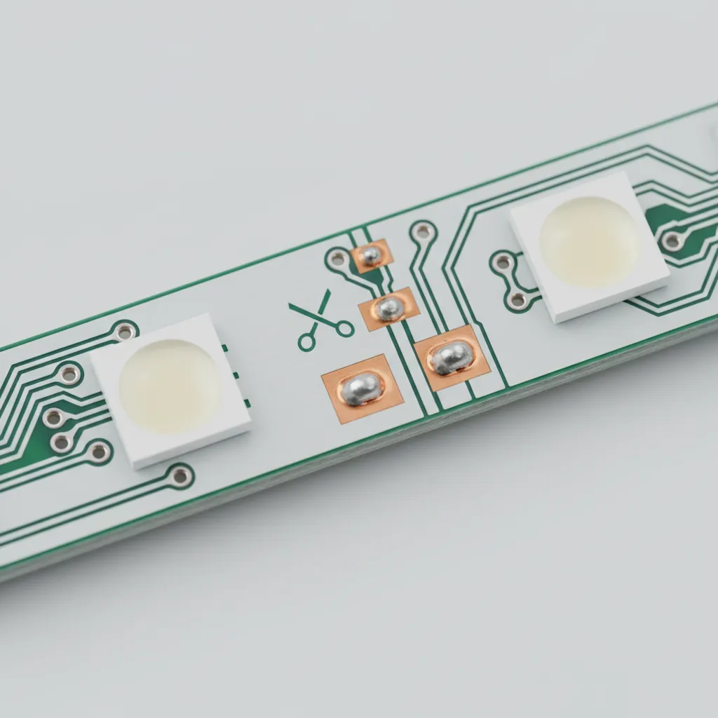 Close up of LED strip light showing copper contact pads and a green cut icon