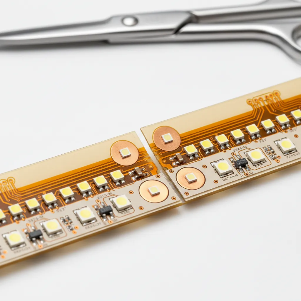 LED strip light cut into two pieces with metal scissors on a clean white background
