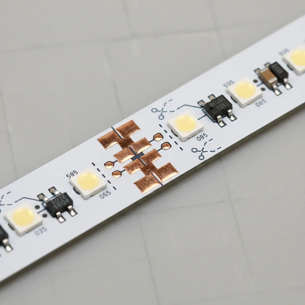 close up of LED strip light cut points and copper pads