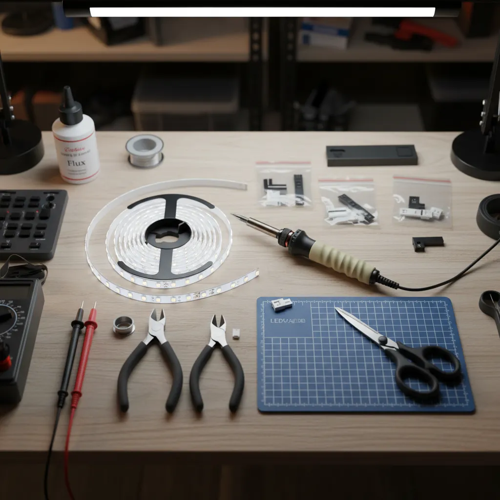 Tools for cutting LED strip lights including scissors connectors and soldering iron