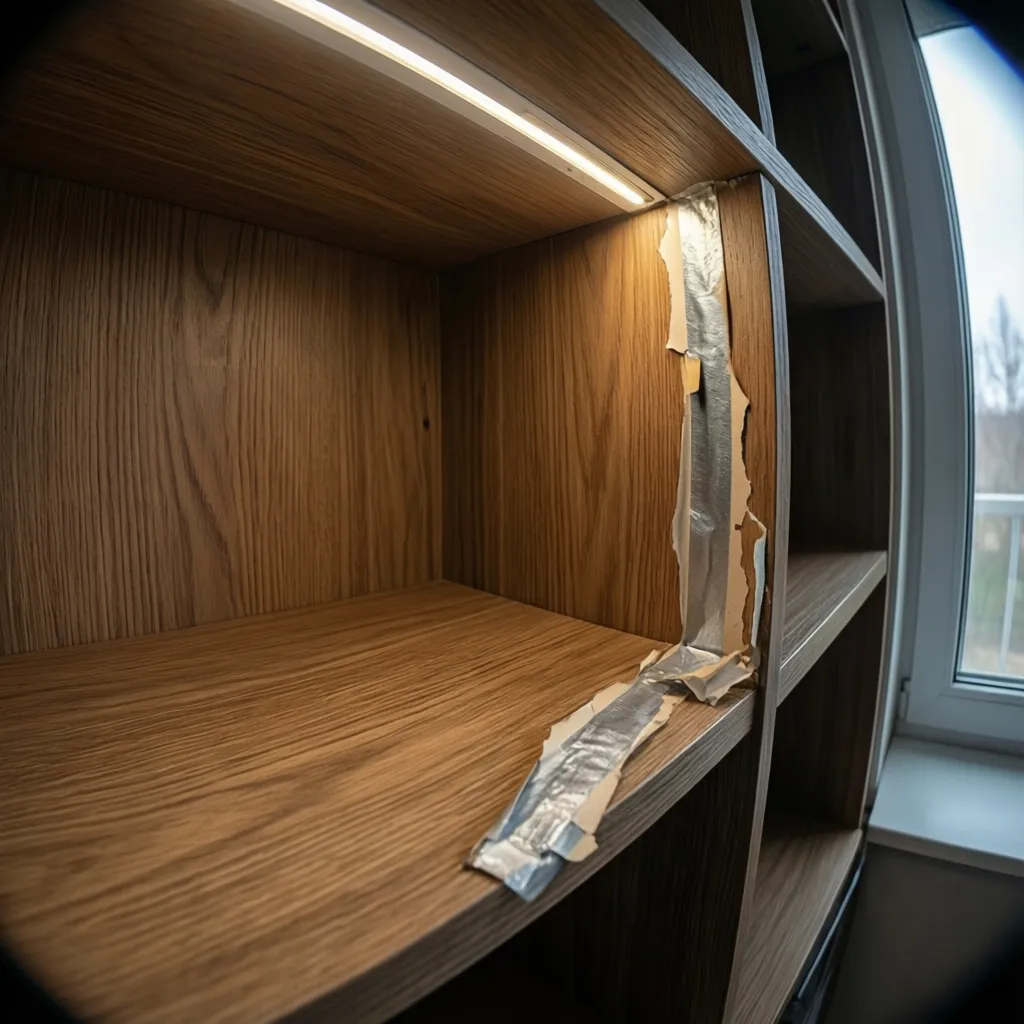 LED strip partially detached from wooden shelf edge