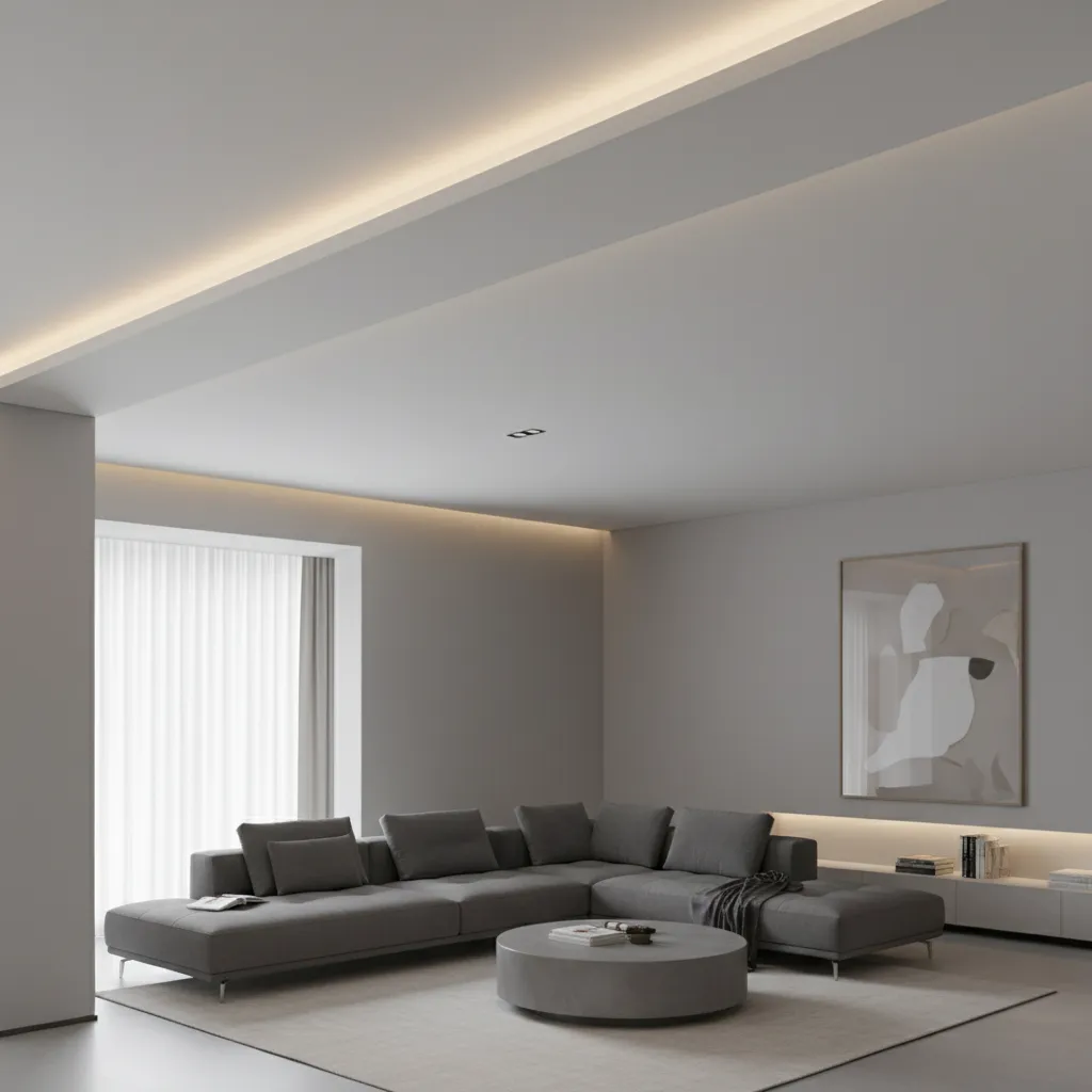hidden LED strip cove lighting installed inside a living room false ceiling